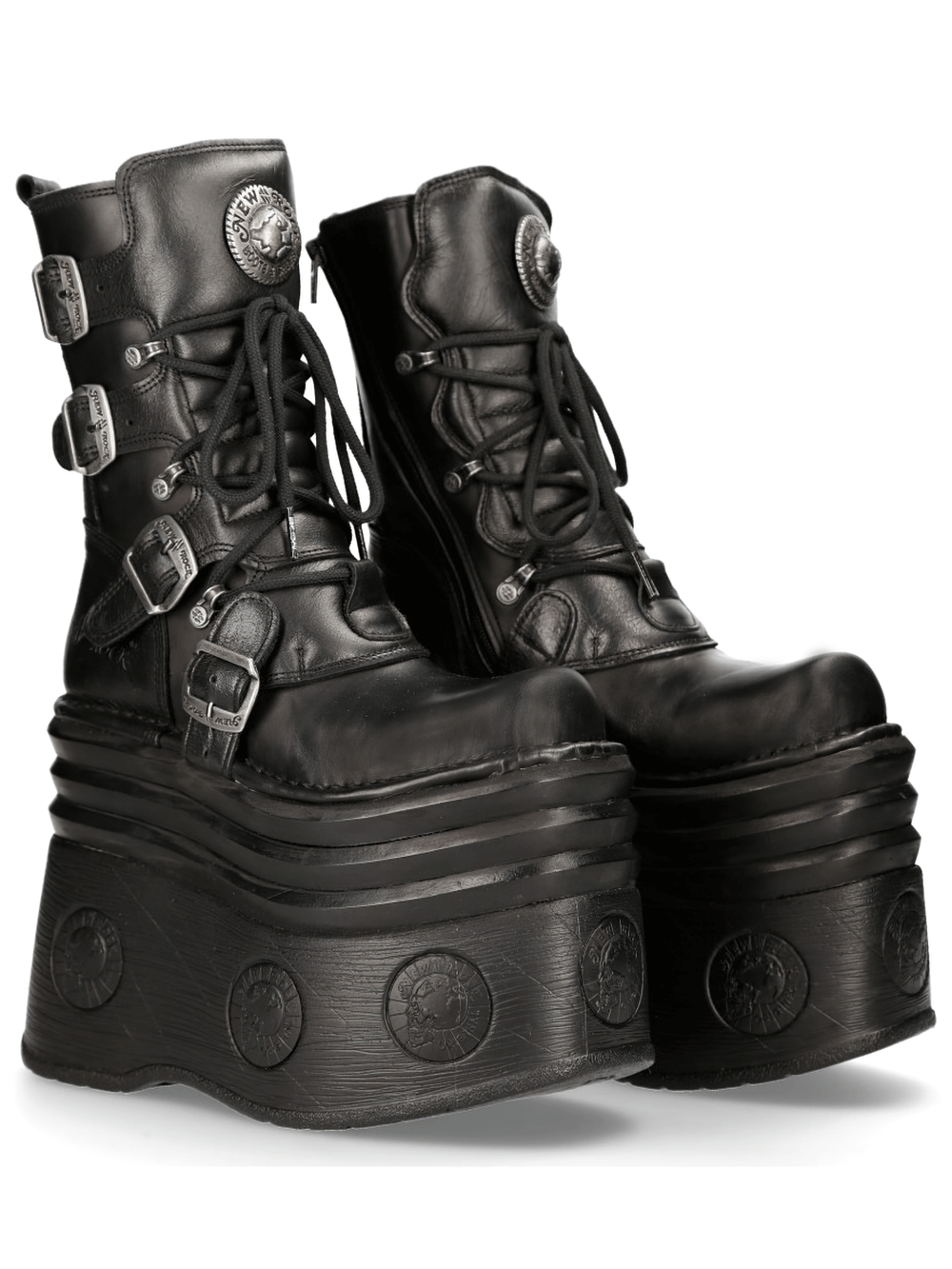 NEW ROCK black high-platform lace-up gothic boots with buckles and zipper, perfect for cyberpunk style.