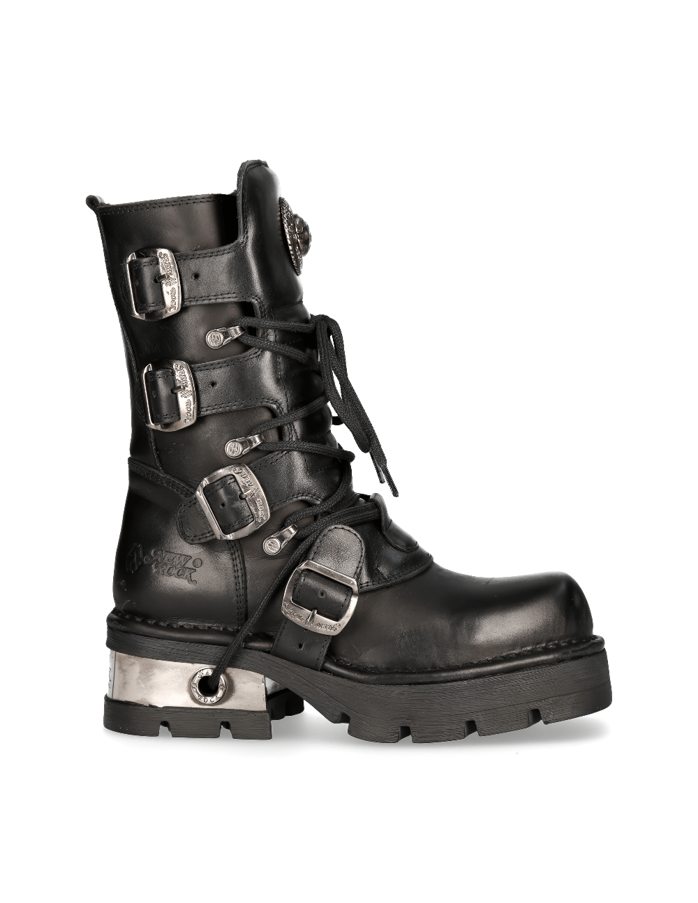 Men's Gothic lace-up boots in black leather with metallic accents and chunky sole, perfect for punk style enthusiasts.