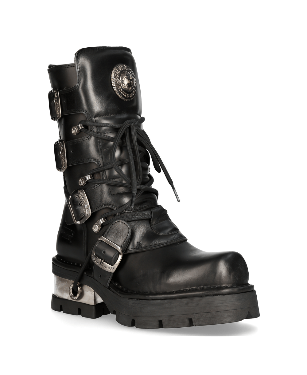 NEW ROCK Men's Gothic Lace-Up Boots in black leather with metallic accents and robust natural rubber sole.