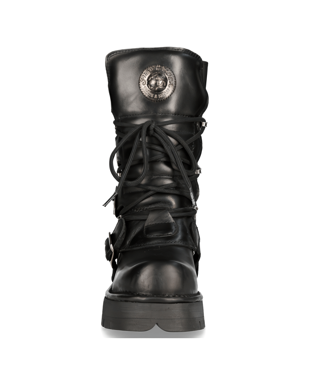 Front view of NEW ROCK Men's Gothic Lace-Up Boots featuring metallic accents and rubber sole.