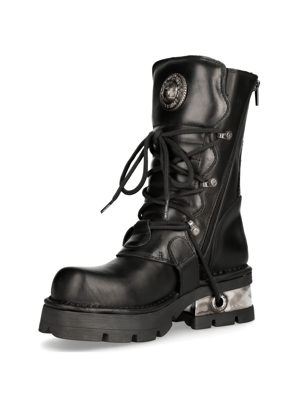 NEW ROCK Men's black leather gothic lace-up boots with metallic accents and natural rubber sole.