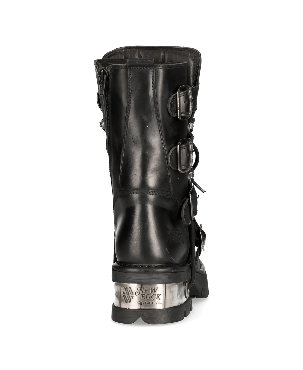 NEW ROCK black leather gothic lace-up boots with metallic accents and straps, featuring a robust rubber sole for durability.