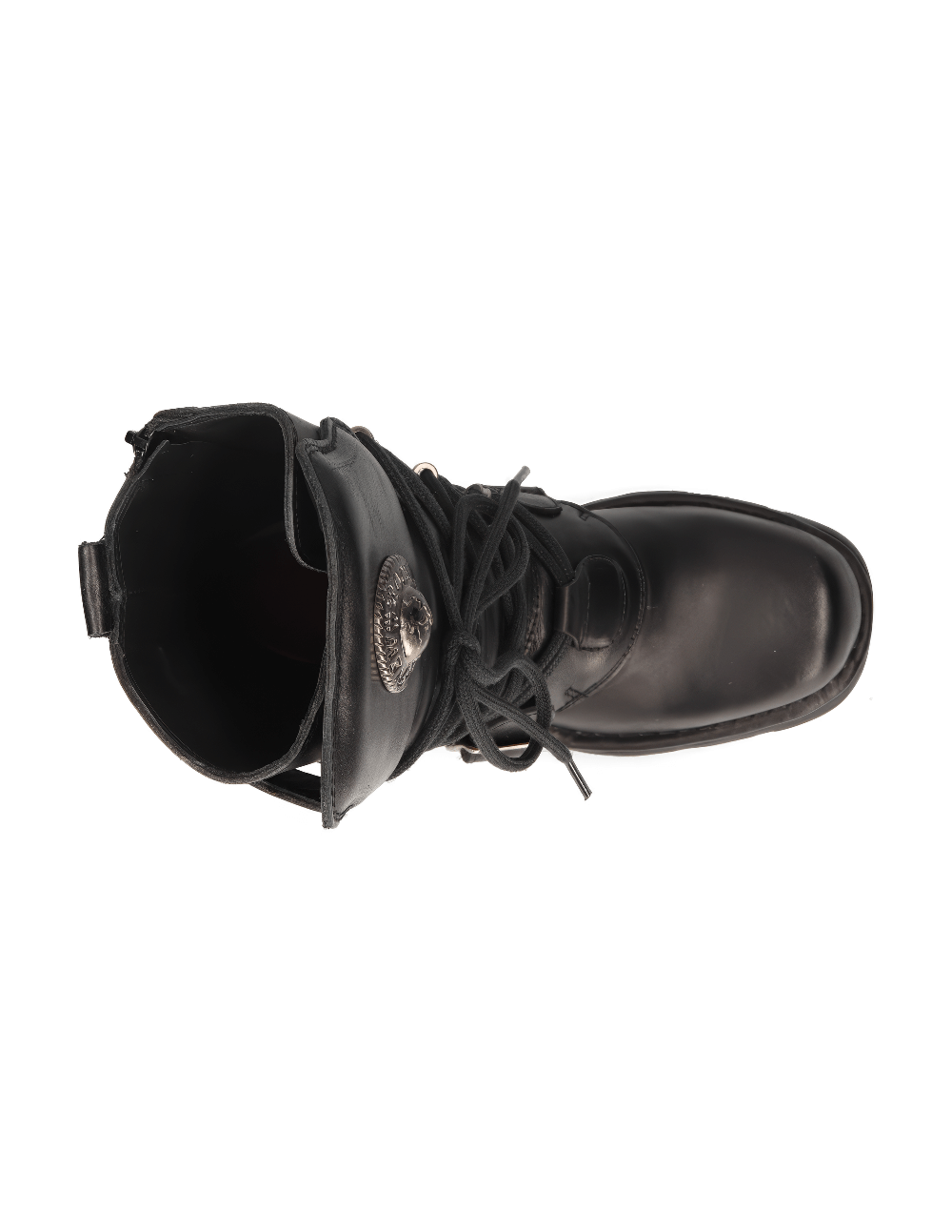 Top view of NEW ROCK black leather gothic lace-up boots with metallic accents and natural rubber sole.