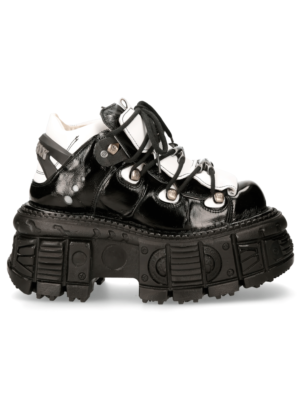 NEW ROCK black and white punk rock lace-up ankle boots with bold sole and edgy design.