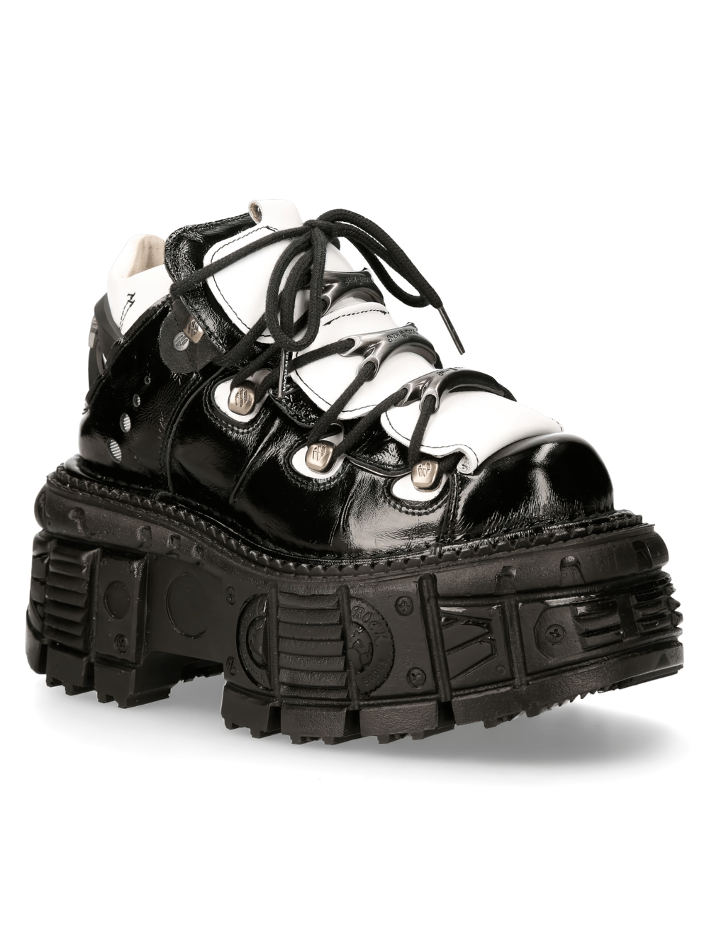 NEW ROCK Gothic black and white lace-up ankle boots with chunky sole and edgy design.