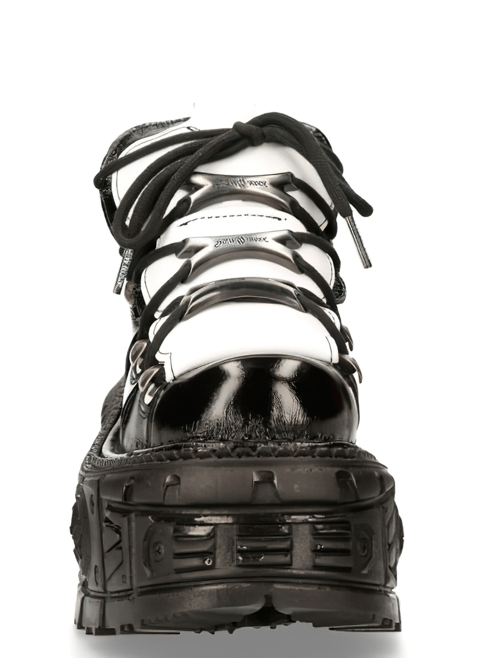 Front view of NEW ROCK Men's Gothic black and white lace-up leather ankle boots, showcasing punk rock style.