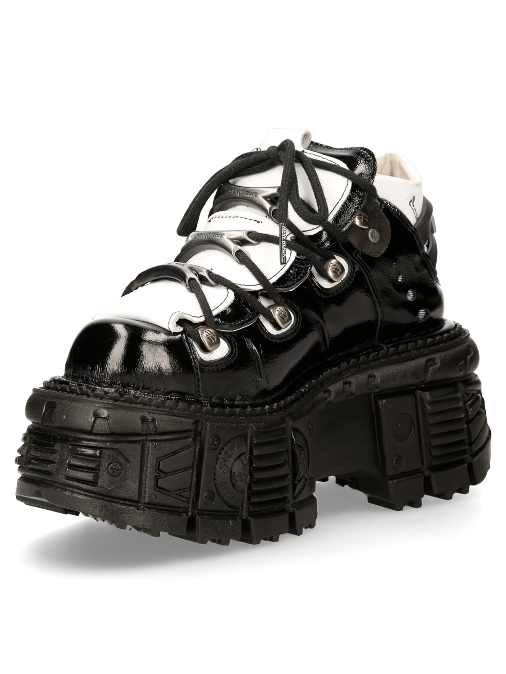 Edgy black and white lace-up leather ankle boots with thick platform sole, perfect for punk rock style.