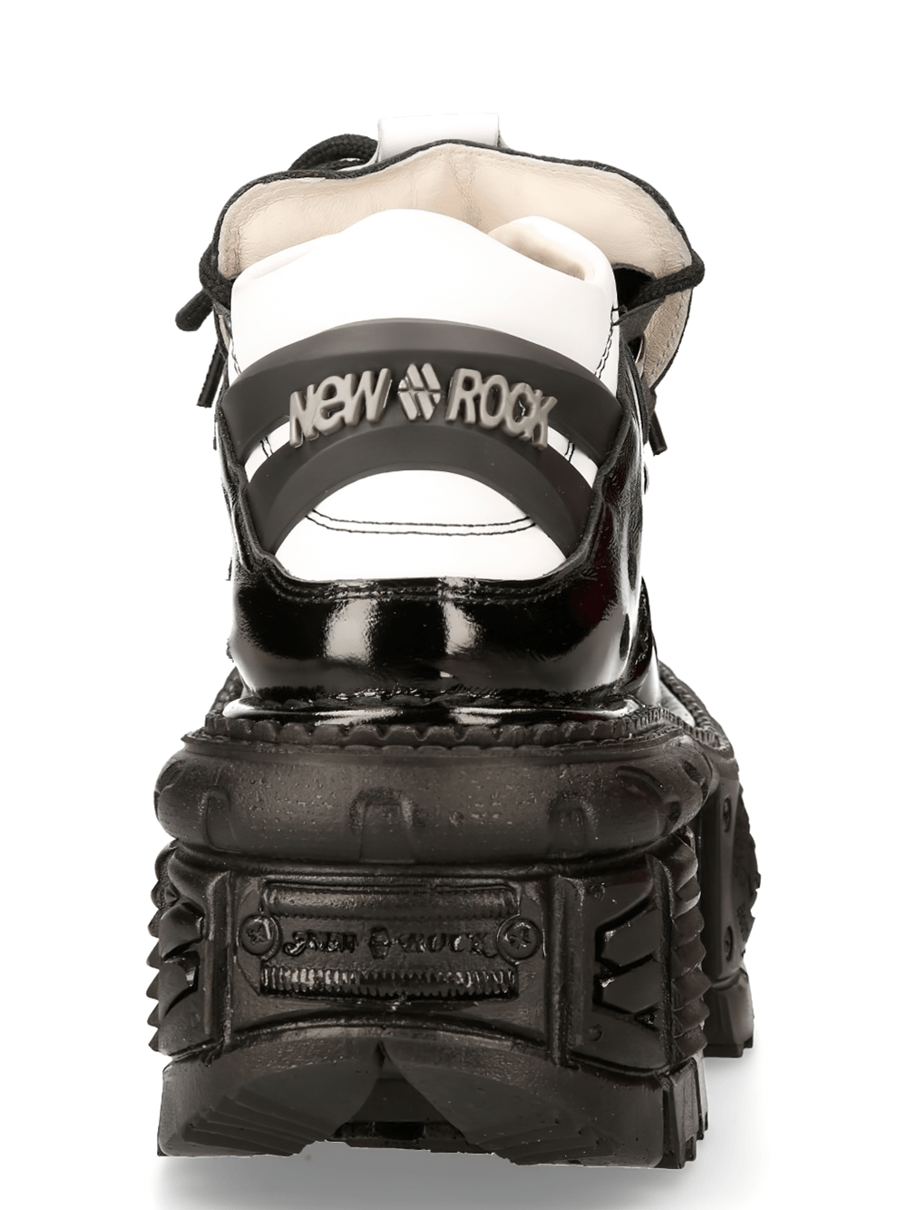 Back view of NEW ROCK edgy black and white punk rock ankle boots showcasing gothic design and durable sole.