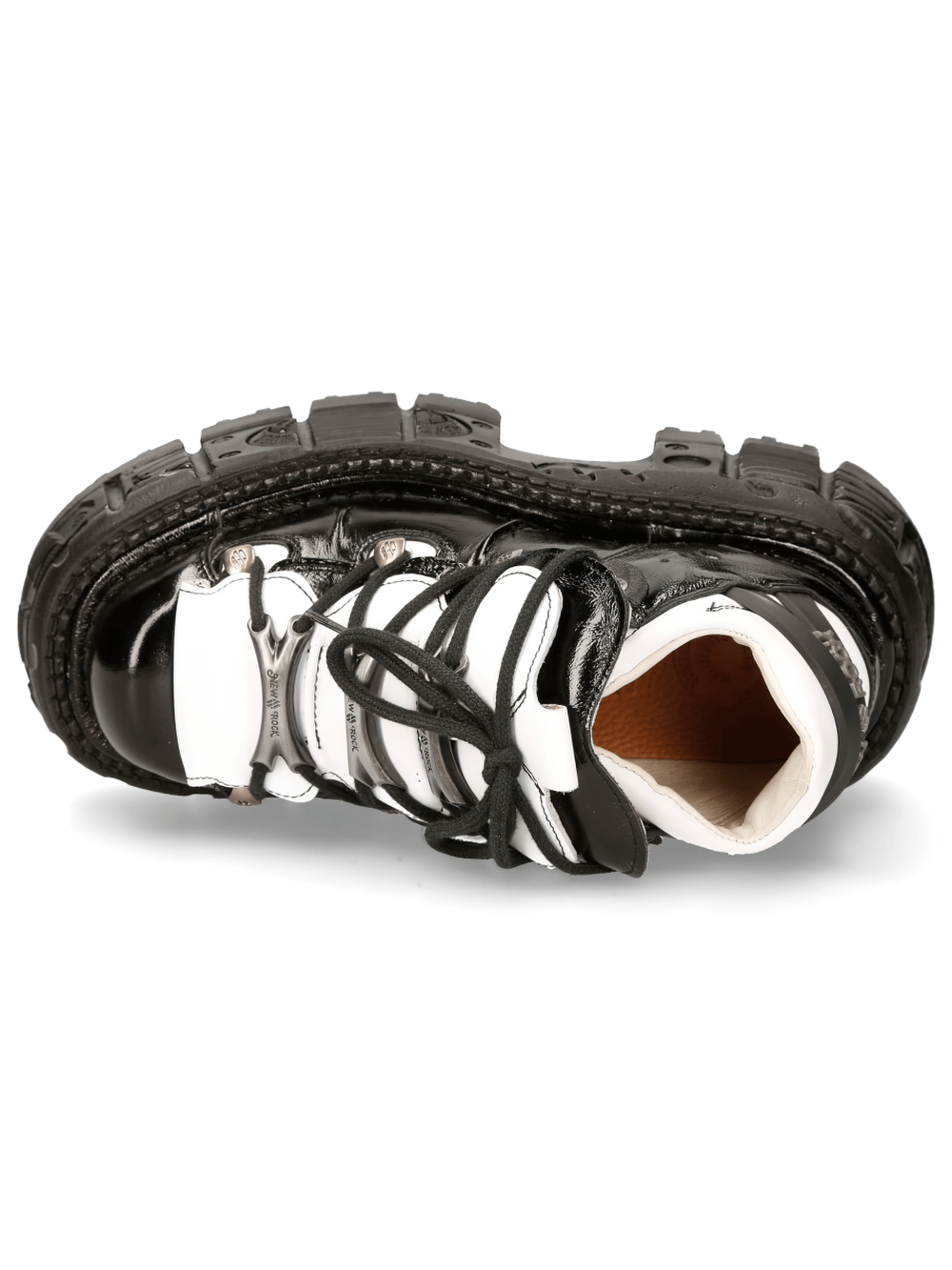 Top view of NEW ROCK black and white leather gothic lace-up ankle boots with bold punk design.