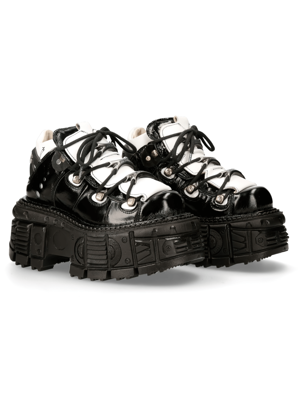 NEW ROCK black and white gothic lace-up ankle boots with chunky soles, perfect for punk fashion enthusiasts.