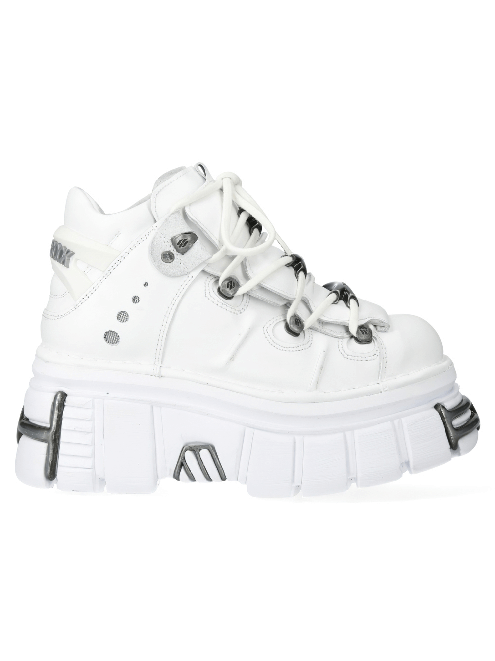 NEW ROCK white ankle boots with metallic accents and chunky platform, perfect for punk rock fashion.
