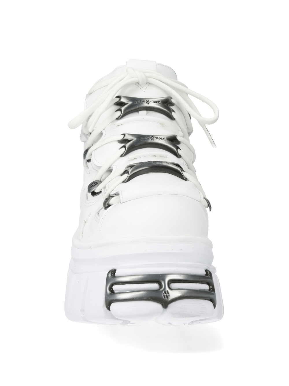 NEW ROCK Men's white ankle boots with metallic detailing and chunky platform for a bold punk-inspired look.