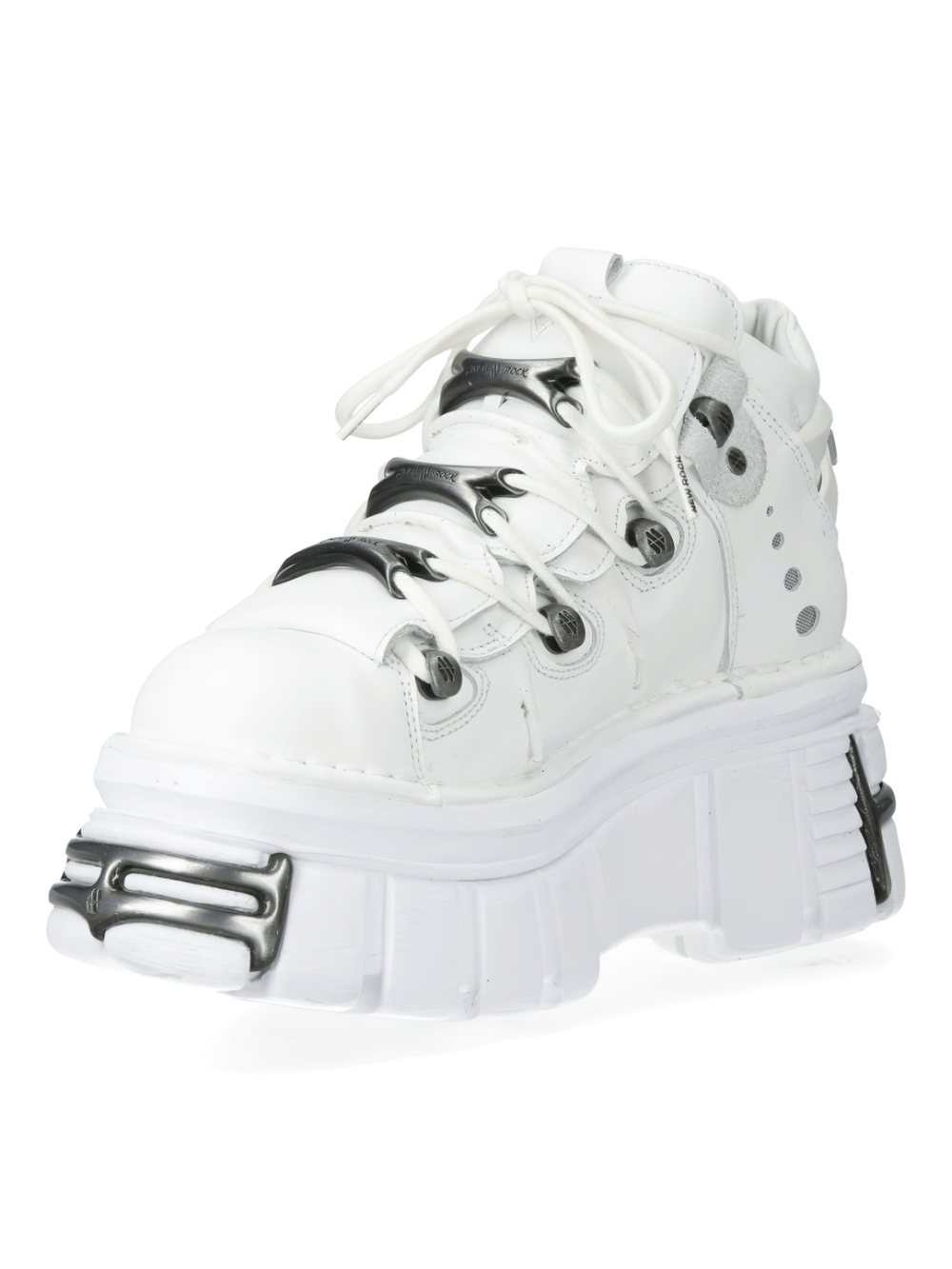 NEW ROCK Gothic white ankle boots featuring metallic accents, punk-inspired design, bold platform, and lace-up detail.