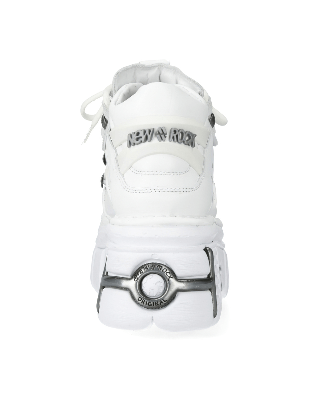 NEW ROCK Men's Gothic white ankle boots with metallic edge, showcasing punk-inspired design and bold back view.