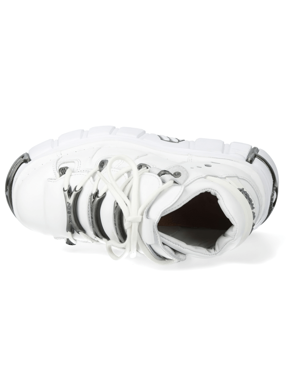 NEW ROCK white gothic ankle boots with metallic edge, featuring sleek lace-up design and bold punk aesthetic.