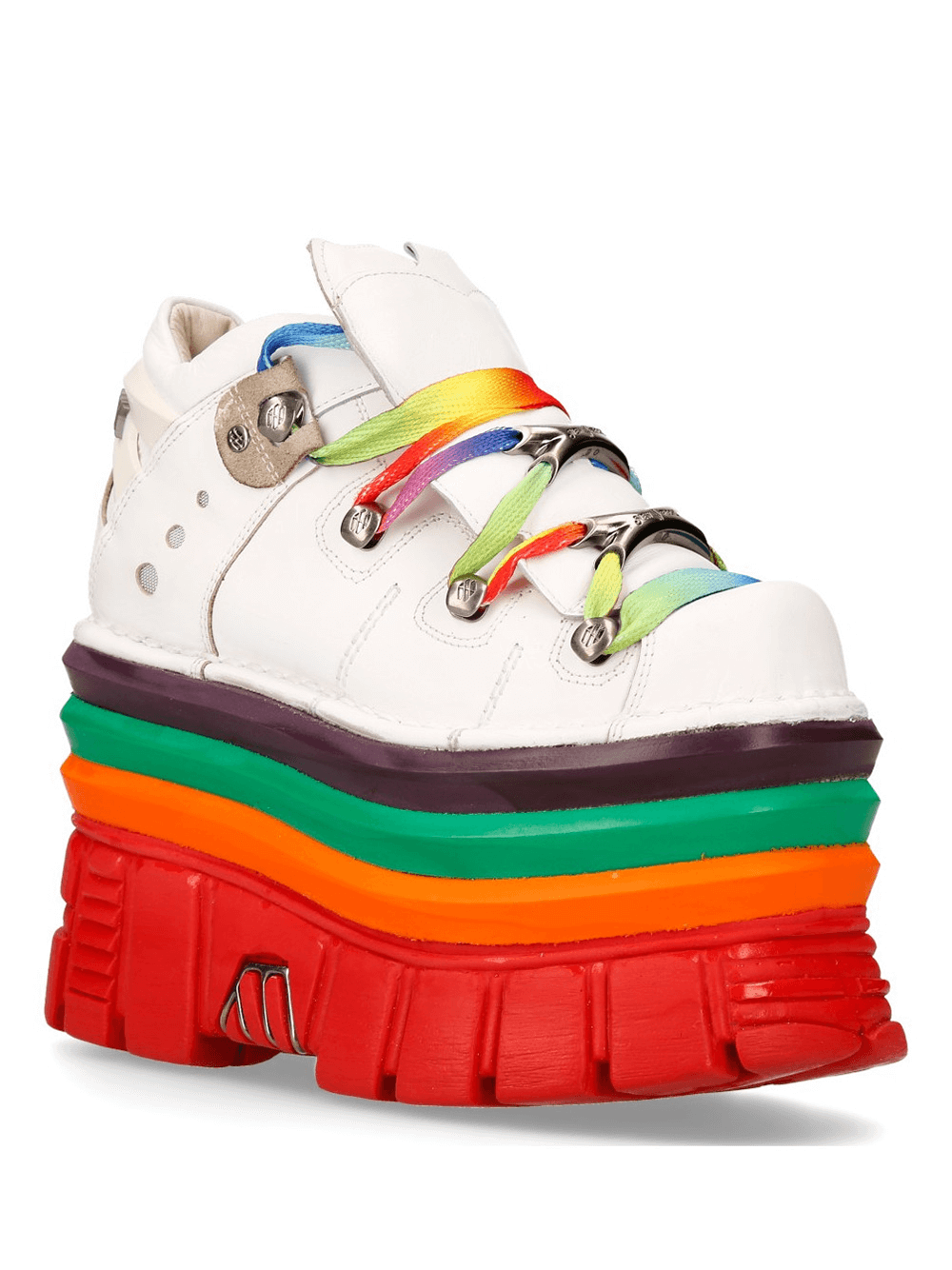 NEW ROCK Gothic white platform sneakers with colorful rainbow soles and vibrant laces for punk rock fashion.