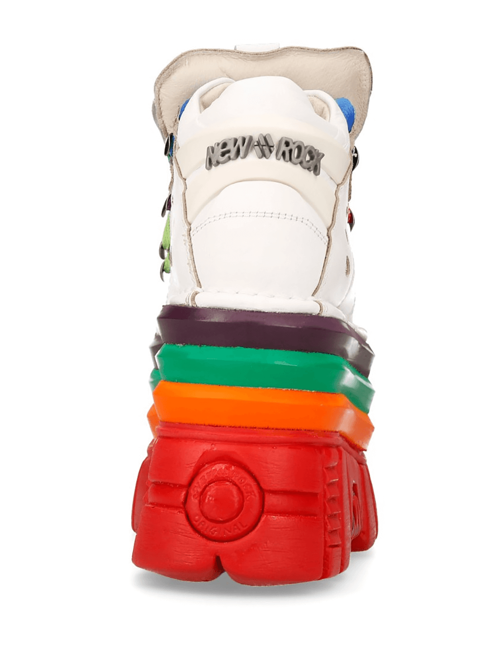 Back view of NEW ROCK Gothic white platform sneakers with vibrant rainbow soles and eye-catching detailing.