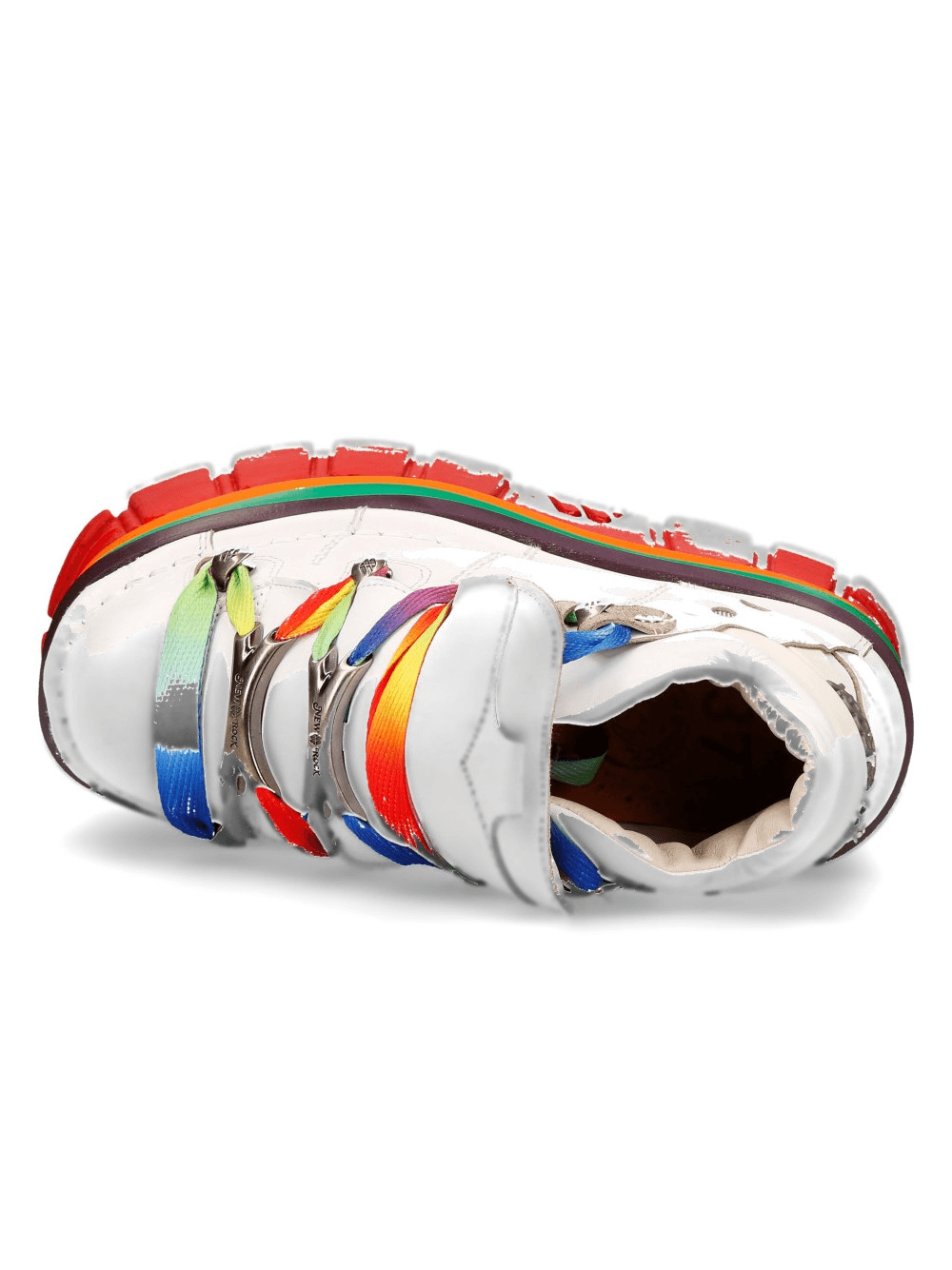 NEW ROCK Gothic white platform sneakers with vibrant rainbow soles and colorful laces, perfect for punk rock fashion.