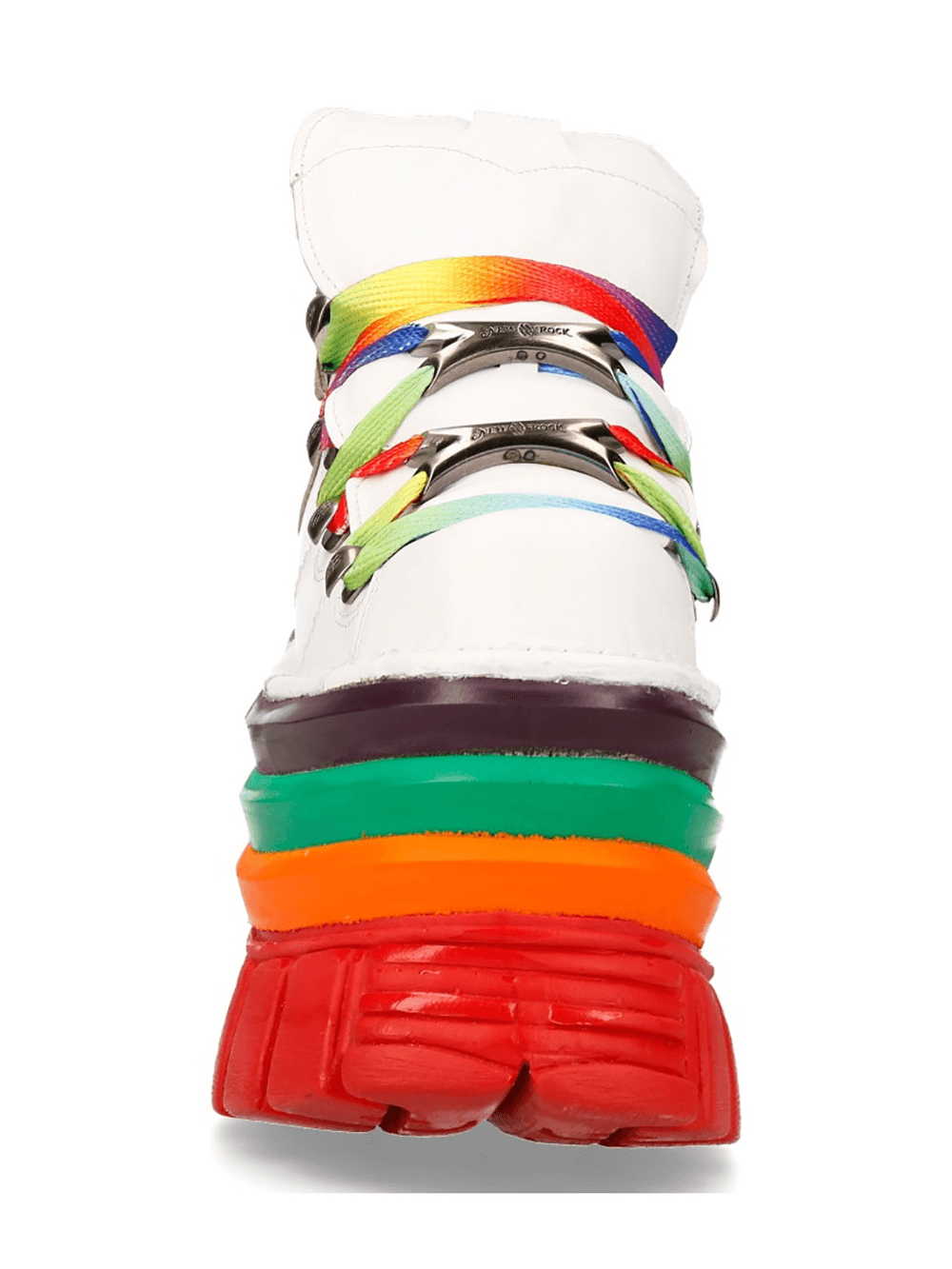 Gothic white platform sneakers with vibrant rainbow soles and colorful laces, perfect for punk rock fashion lovers.