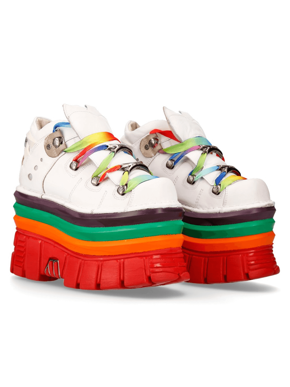 NEW ROCK Gothic white platform sneakers with vibrant rainbow soles and colorful laces, perfect for punk rock fashion.