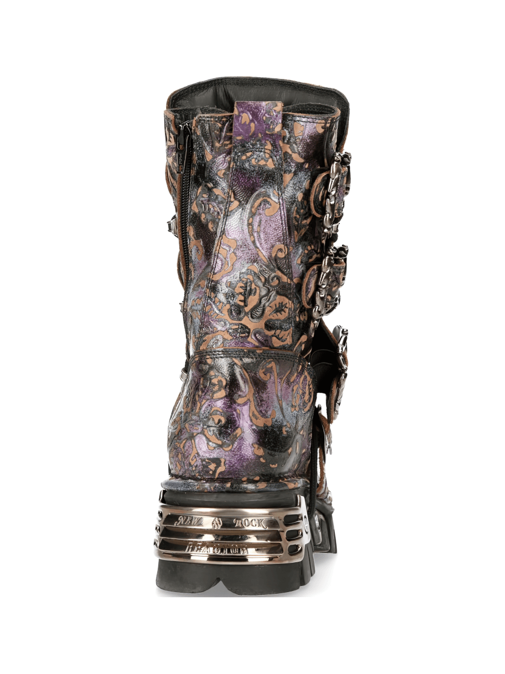 Back view of NEW ROCK Gothic Purple Leather Boots with metallic accents and intricate design details.