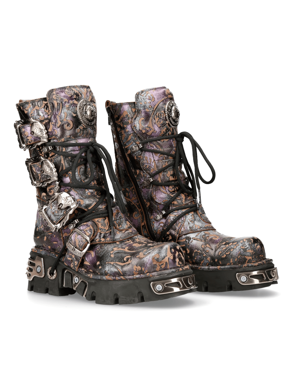 NEW ROCK Gothic purple leather high boots with metallic accents and unique buckle details.
