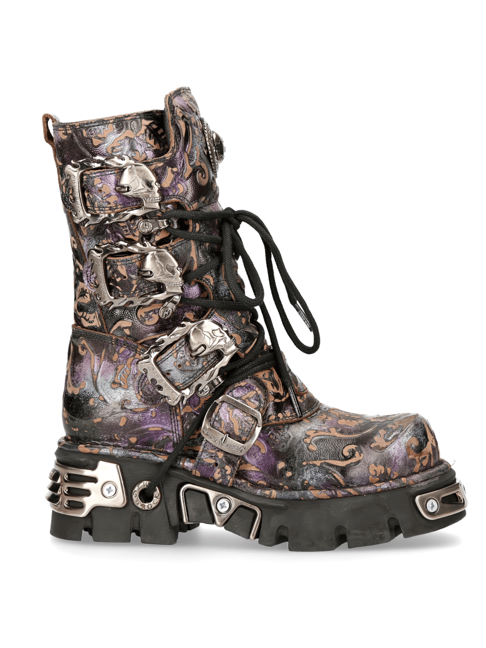 NEW ROCK Gothic zippered boots with metallic accents, purple leather design and chunky rubber sole.