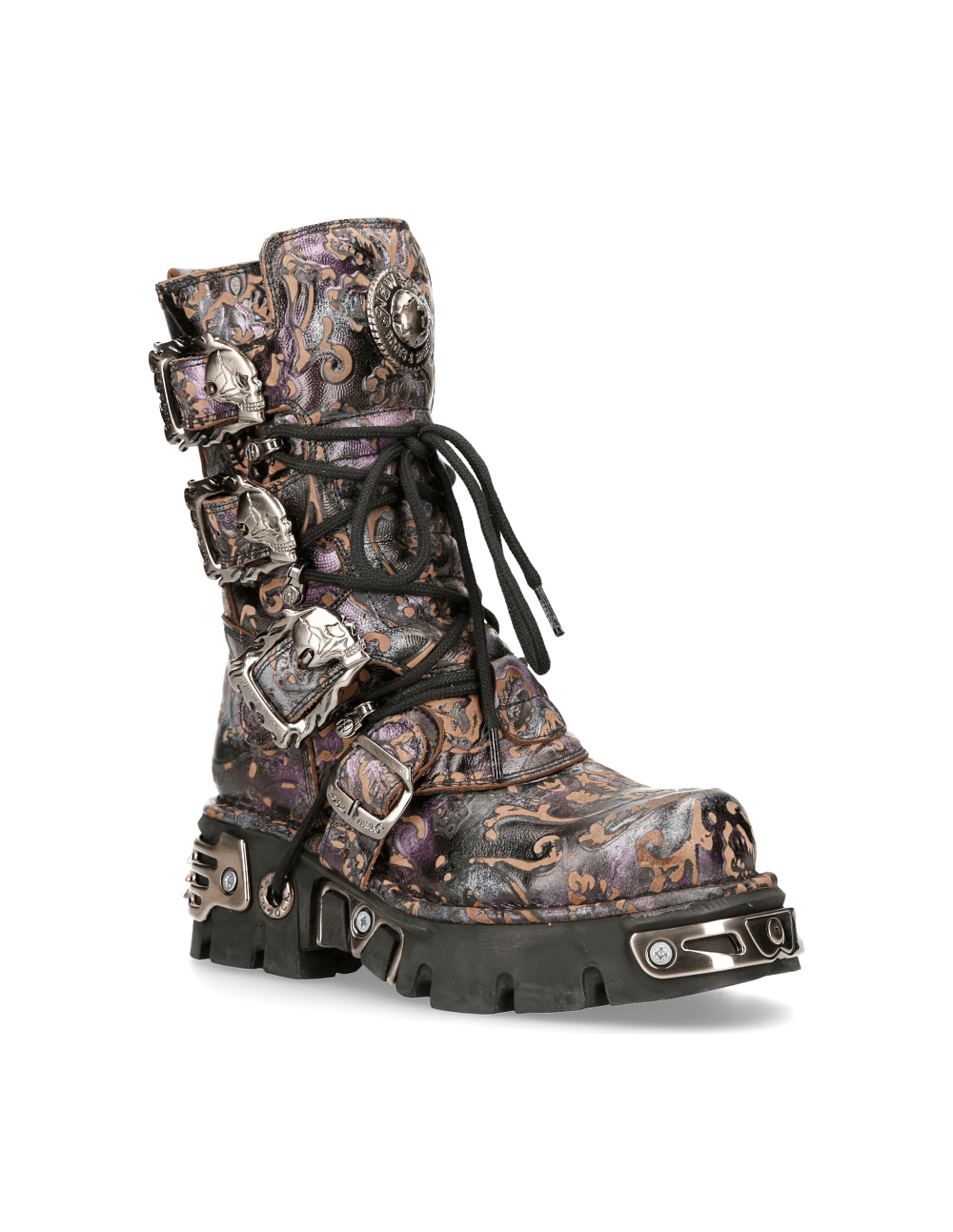NEW ROCK Gothic purple leather boot with metallic accents and unique buckles, perfect for punk rock fashion.