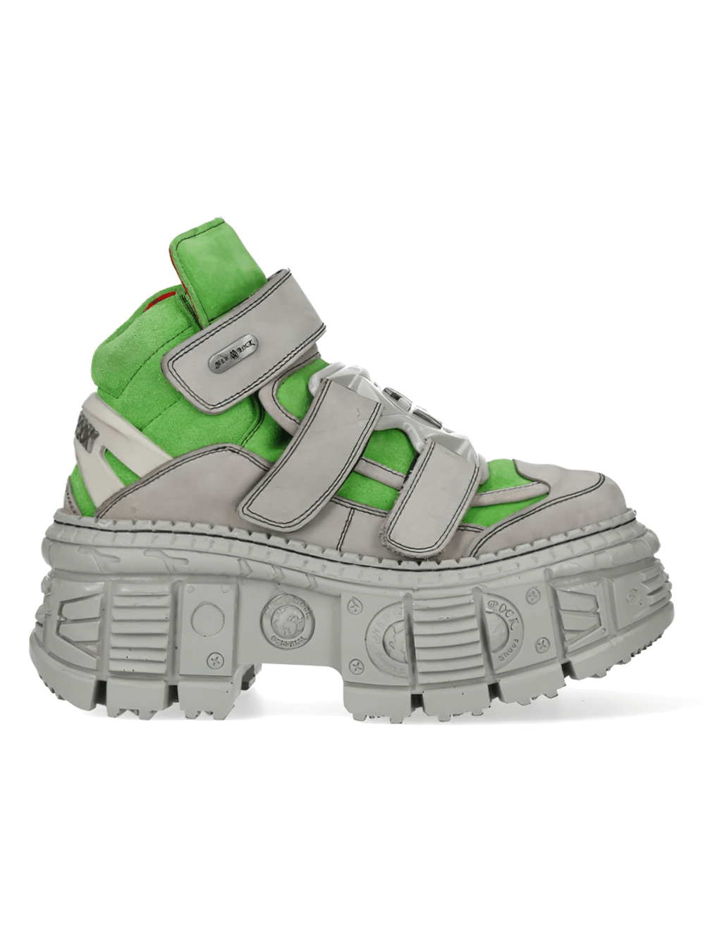 NEW ROCK Green and Gray Punk Ankle Boots with chunky sole and Velcro straps for a bold urban look.