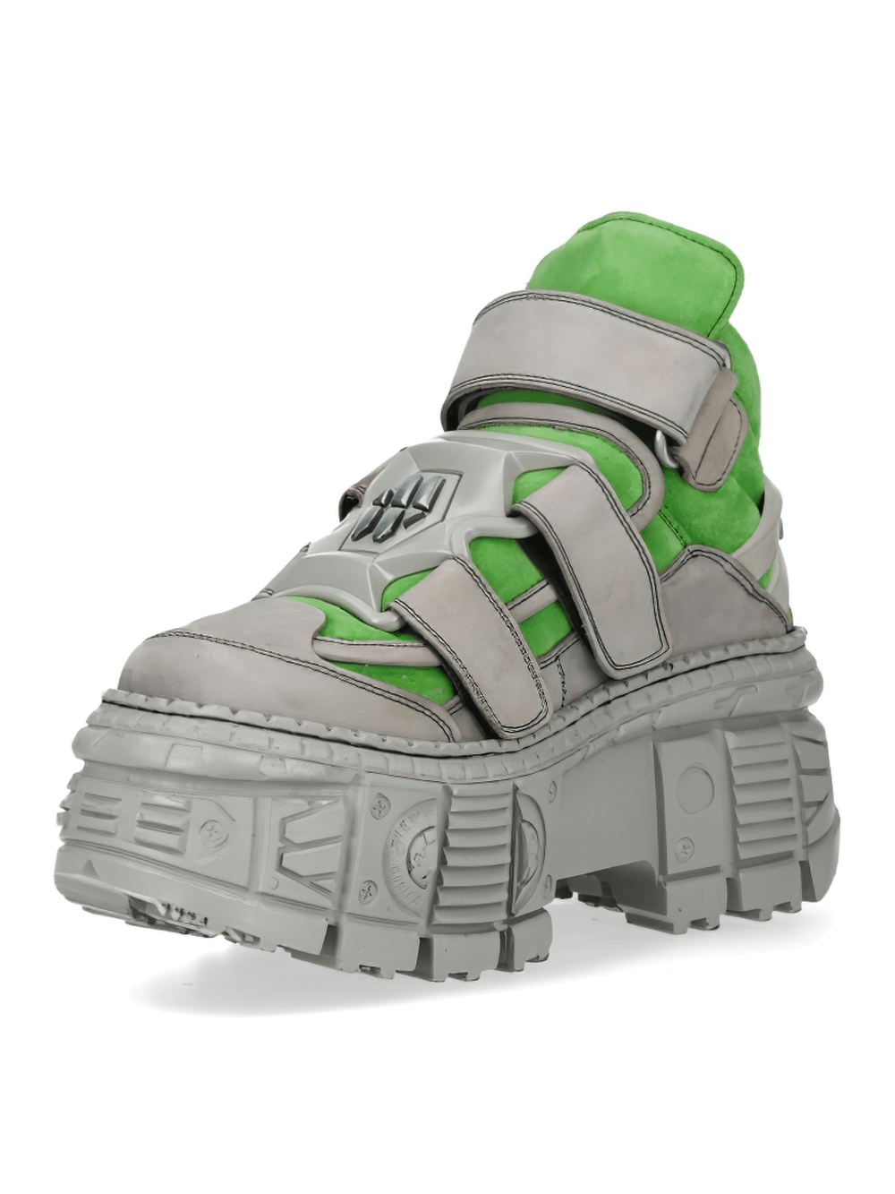 NEW ROCK Green and Gray Punk Ankle Boots with chunky sole, featuring Velcro straps and robust design.