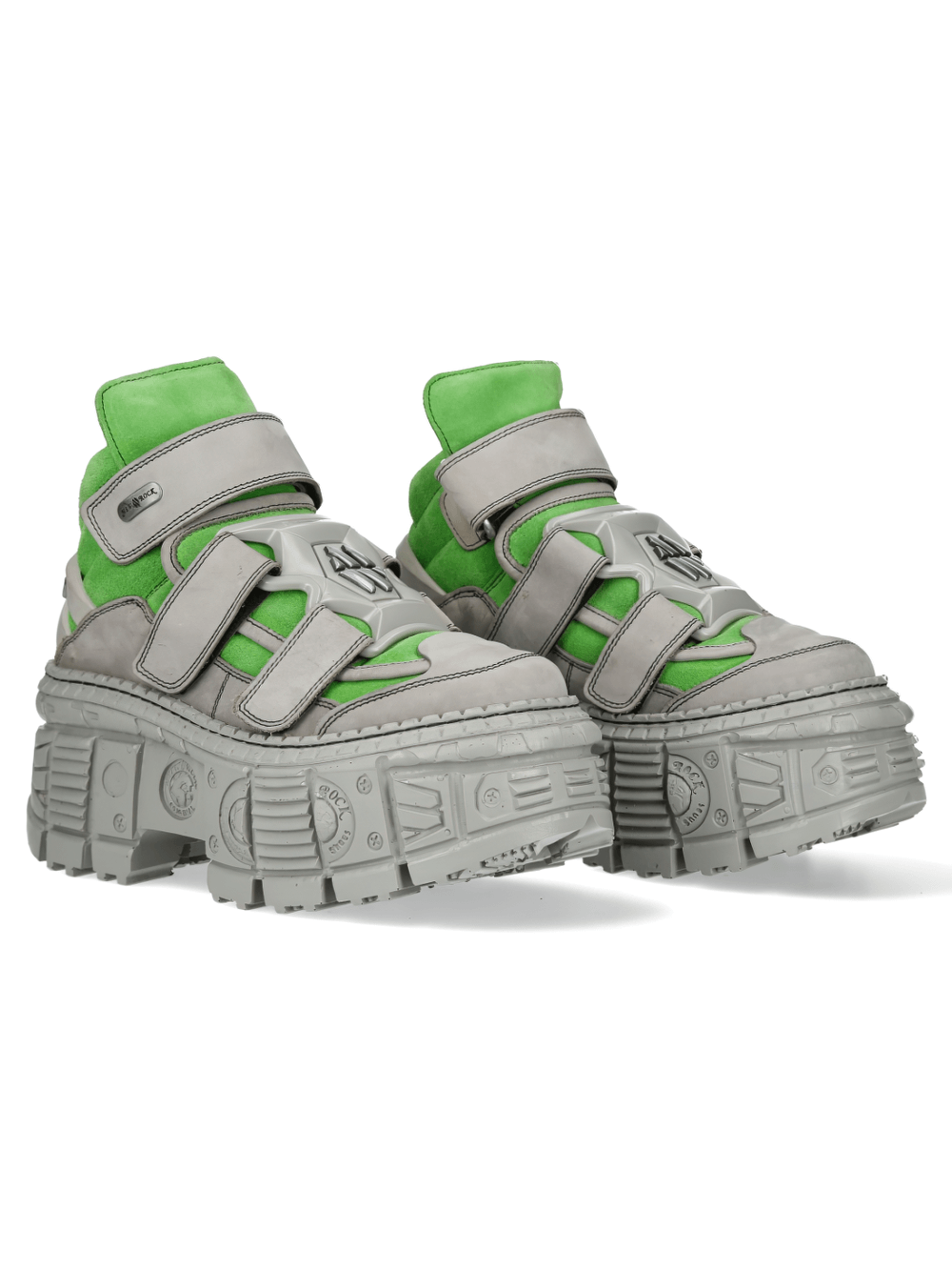 NEW ROCK Green and Gray Punk Ankle Boots with Chunky Sole and Velcro Straps for Urban Style