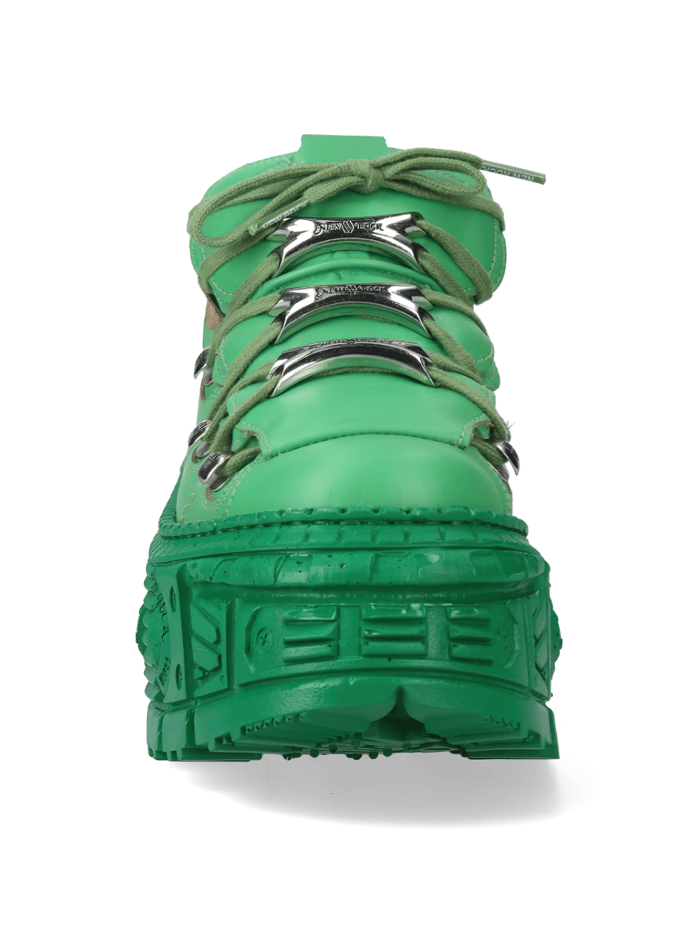 Front view of NEW ROCK men's green ankle boots showcasing rock-inspired design and chunky sole