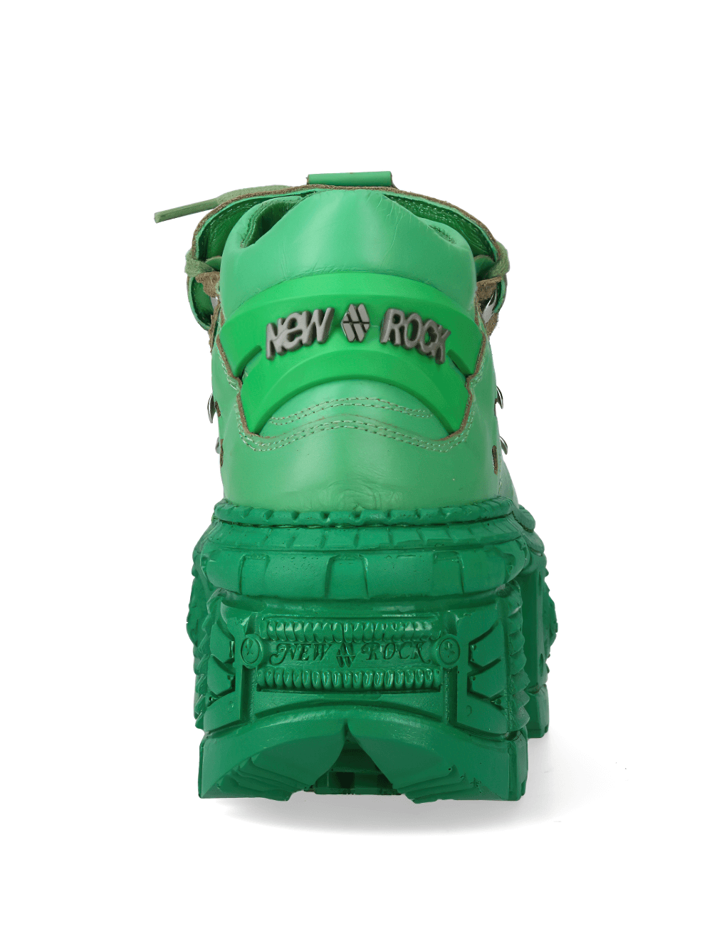 Back view of NEW ROCK Men's green leather ankle boots with rock-inspired design and bold PU-ULTRA sole.