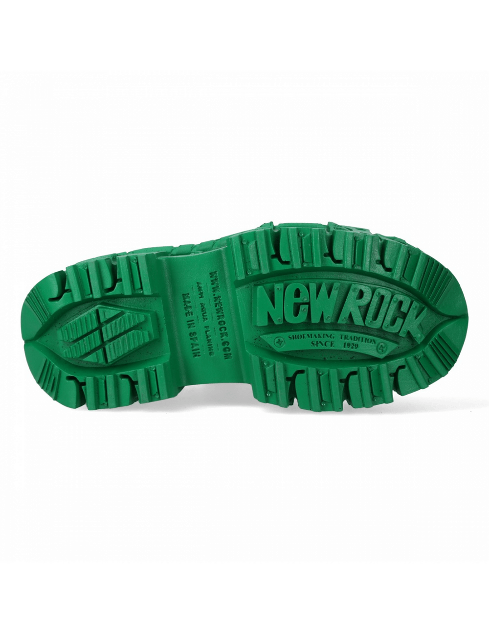 New Rock green ankle boot sole design featuring durable tread and logo detail for style and grip.