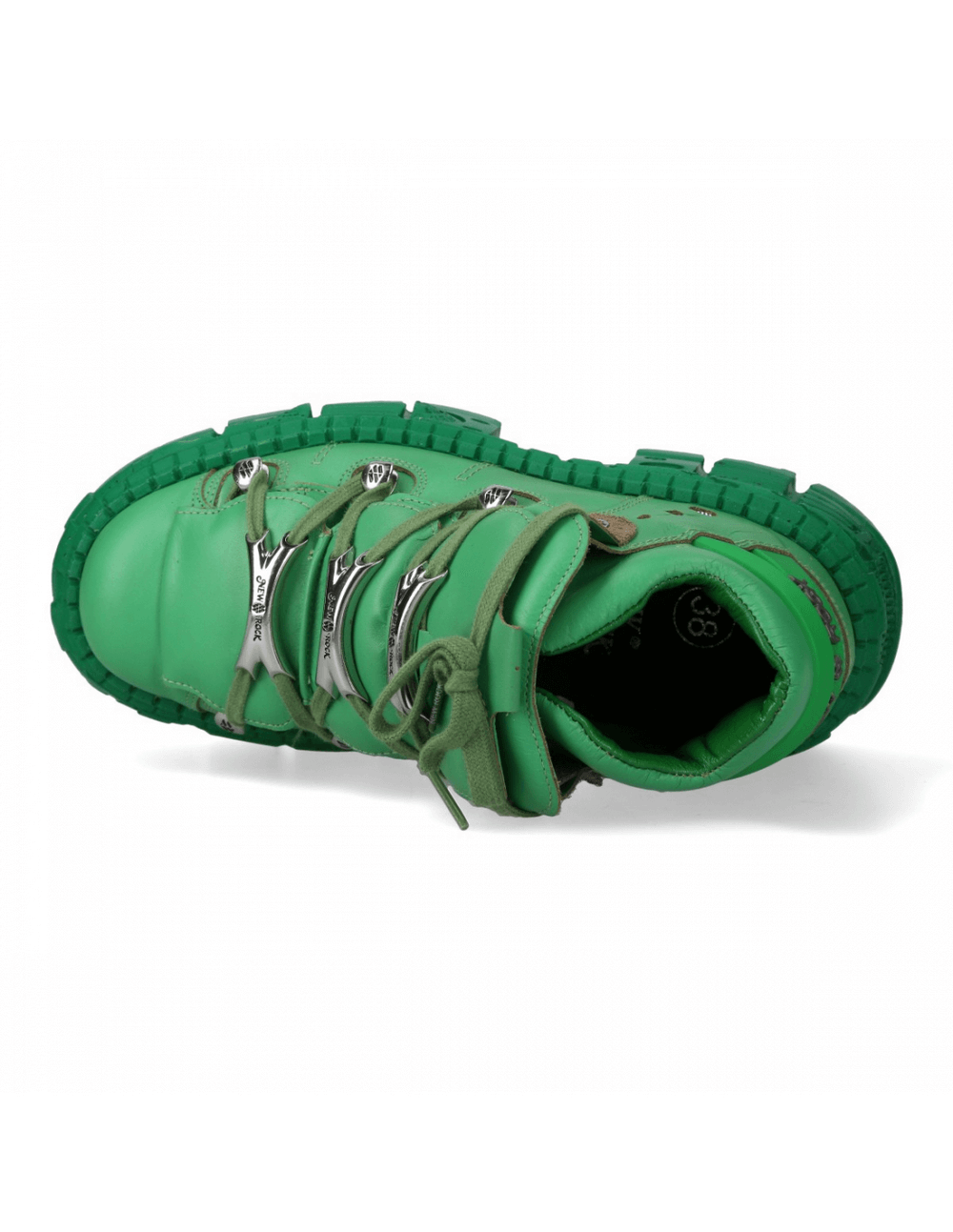 Top view of NEW ROCK men's green ankle boots featuring a stylish buckle design and textured sole.