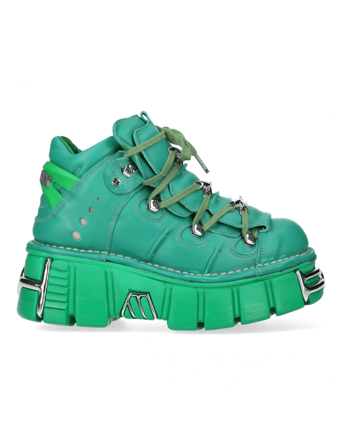 NEW ROCK men's green leather lace-up ankle boots with metal details and chunky sole.
