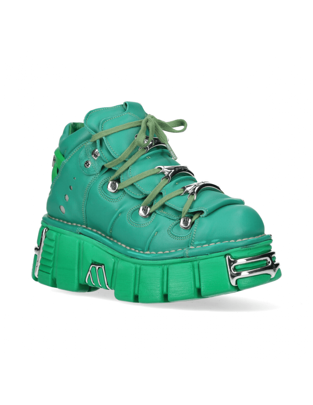 NEW ROCK green leather ankle boots with metal details, flat-heeled punk rock style, durable and bold design.