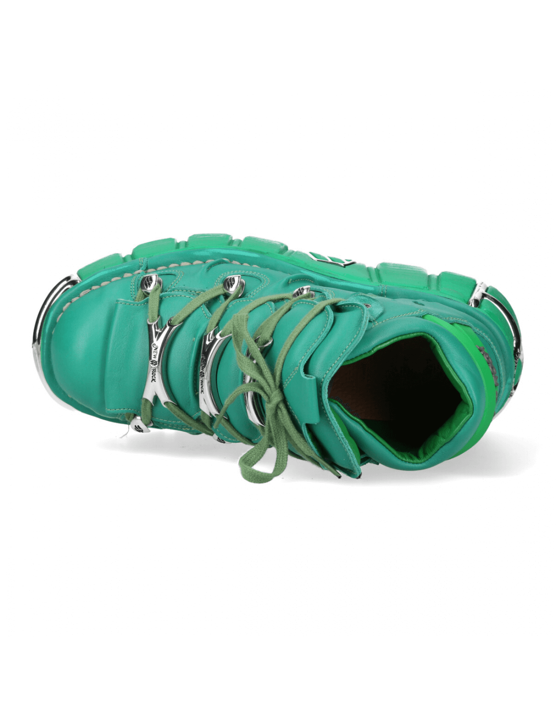 Top view of NEW ROCK green leather ankle boots with lace-up design and metal details.