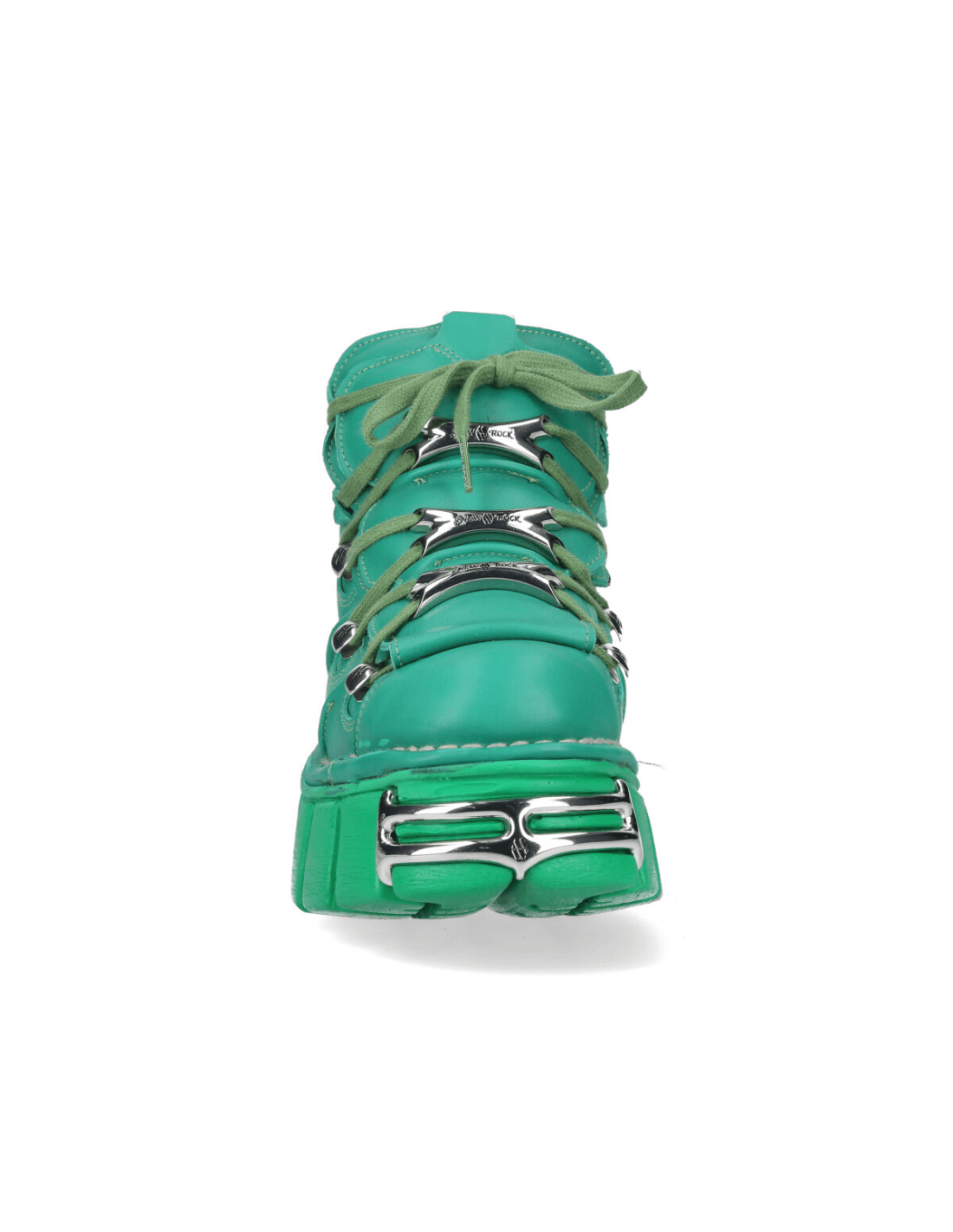 Front view of NEW ROCK green leather ankle boots with metal details, showcasing punk rock style and lace-up design.