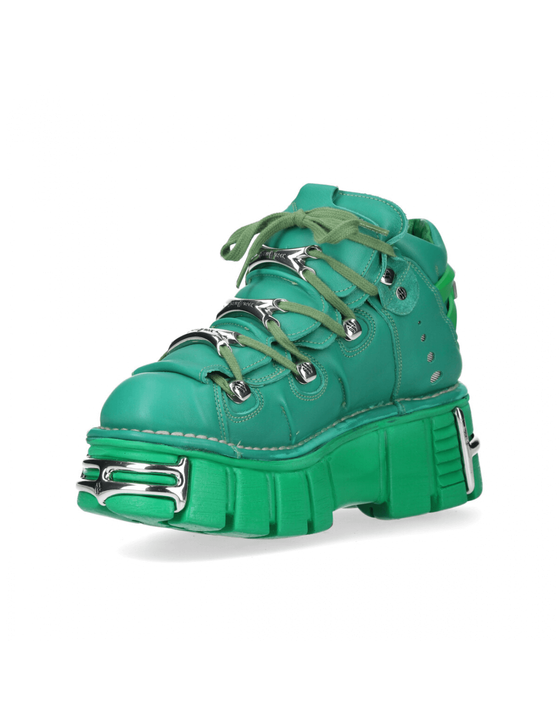 NEW ROCK green leather ankle boots with bold metal details and chunky sole, perfect for a punk rock style.