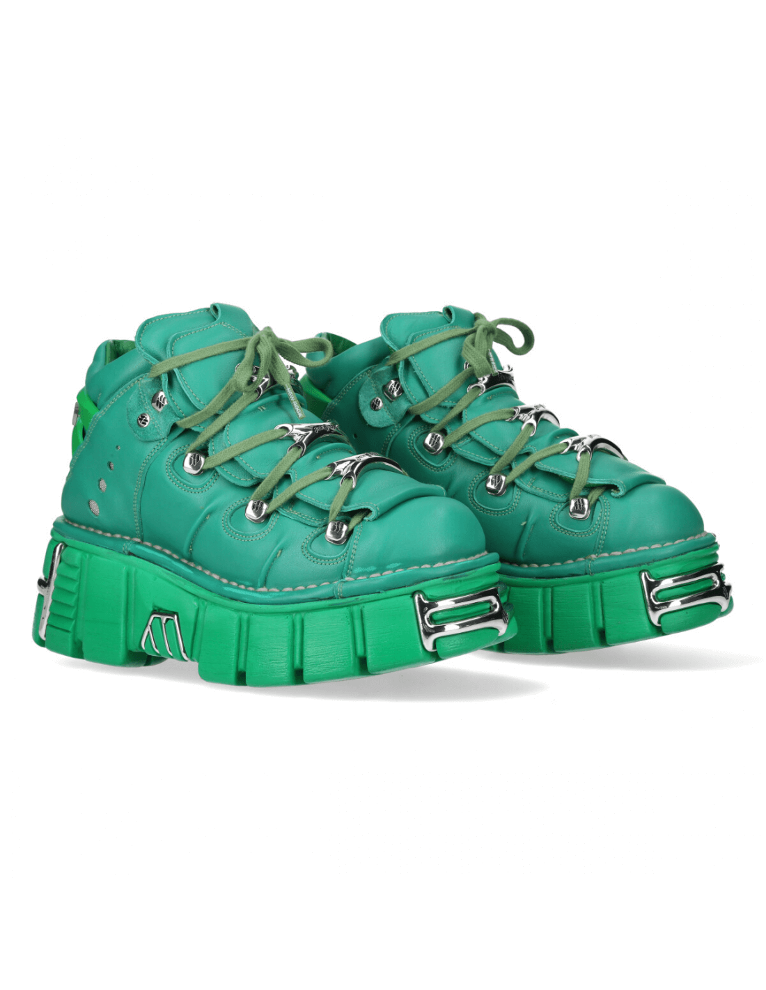 NEW ROCK Men's green leather ankle boots with punk rock design and metal accents.