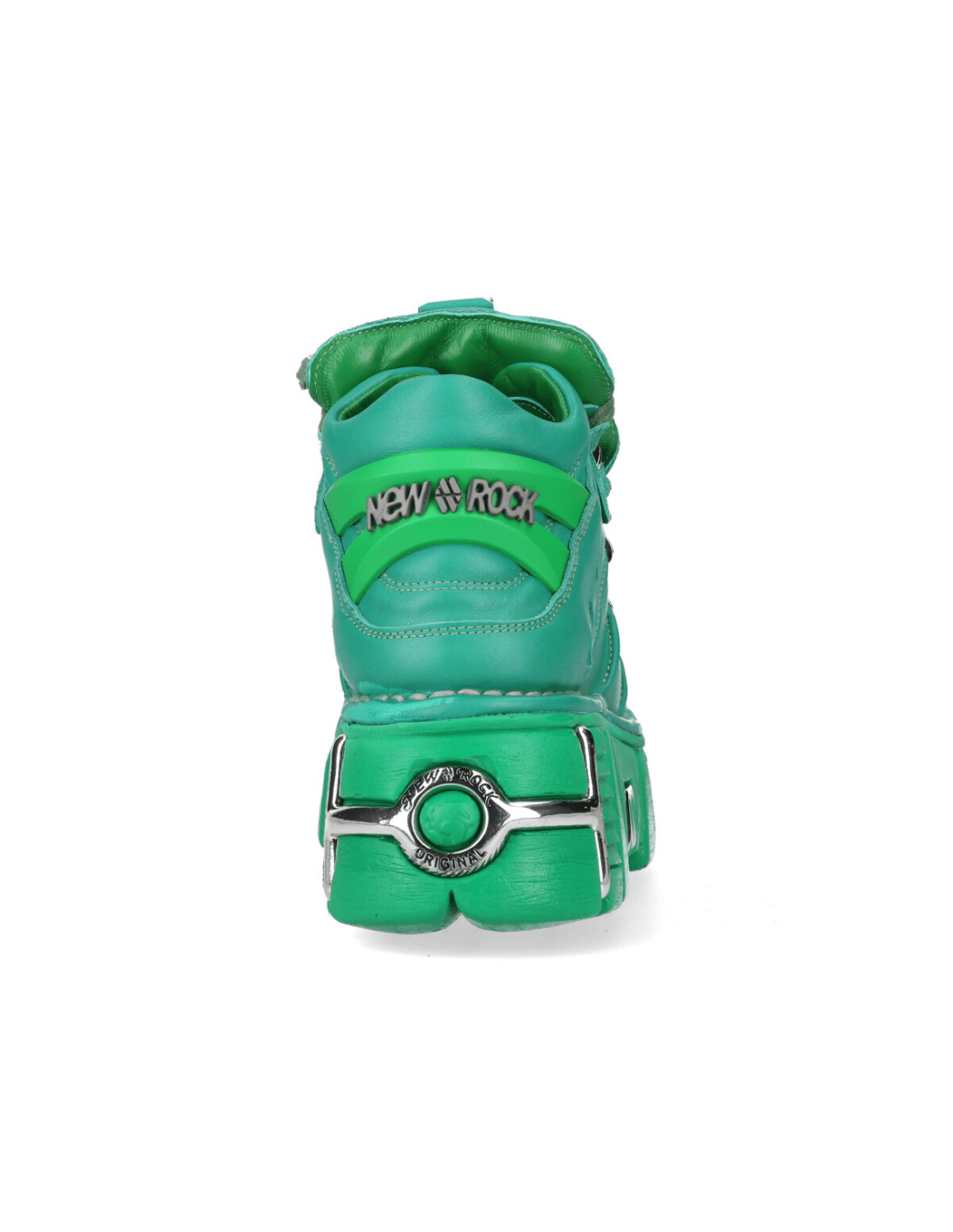 Back view of NEW ROCK men's green leather ankle boots with metal details and punk rock style.