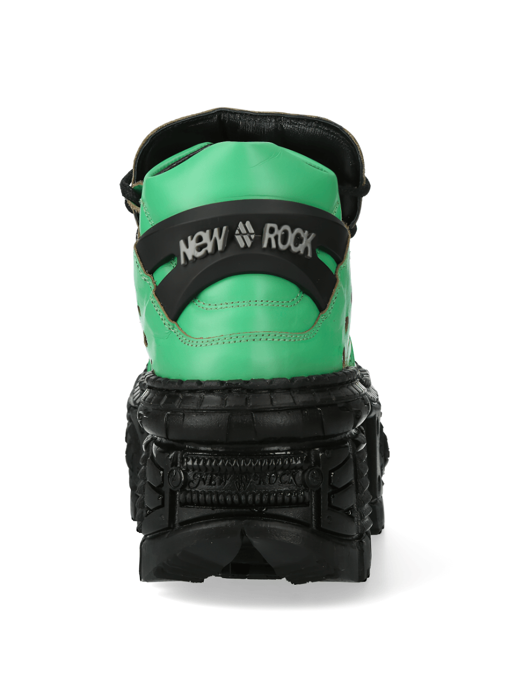 Back view of NEW ROCK green platform ankle boots showcasing rocker design and durable sole.