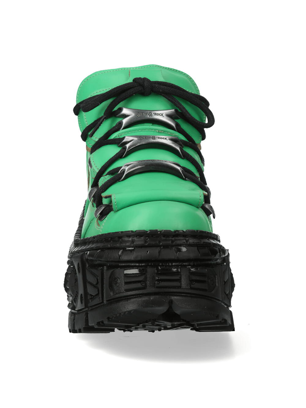 Front view of stylish green platform ankle boots with rocker design from NEW ROCK, featuring a durable black sole.