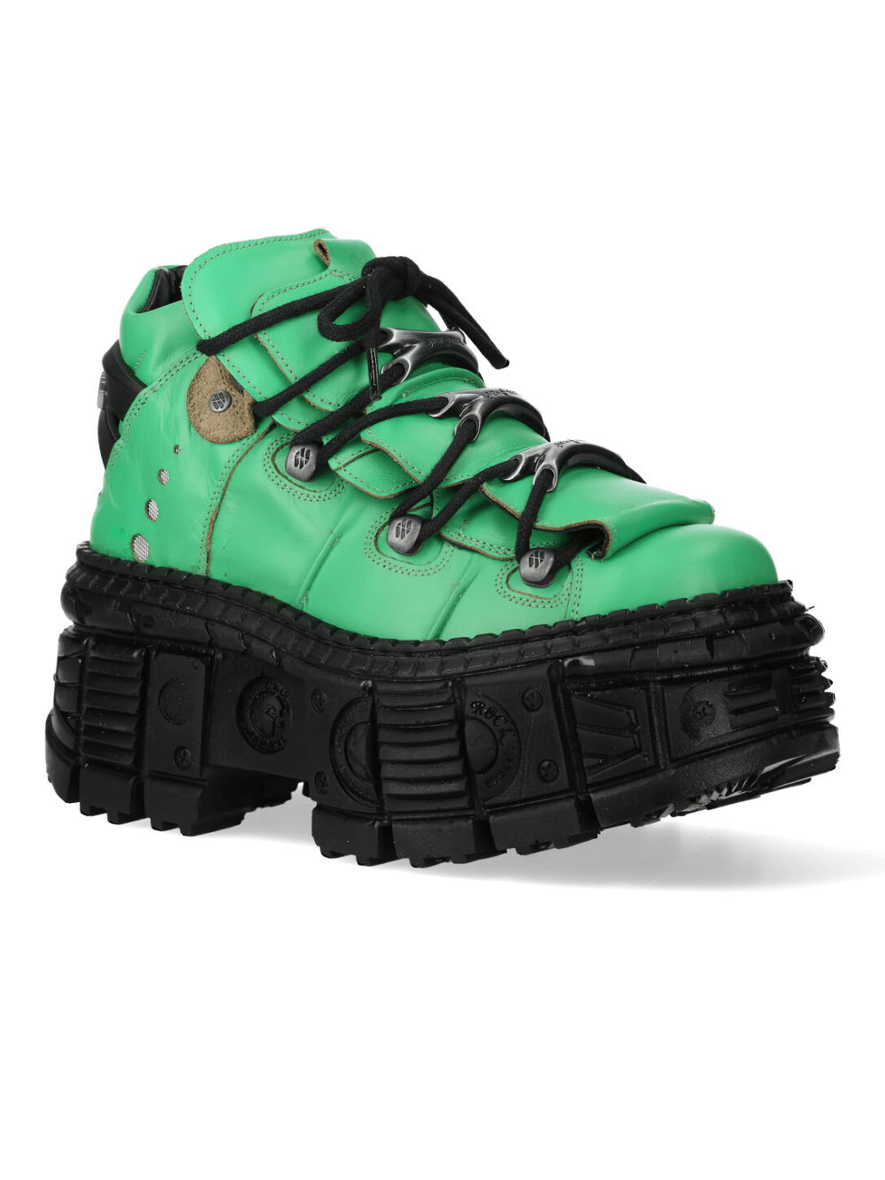 Stylish NEW ROCK green platform ankle boots with rocker design and durable PU-ULTRA sole, perfect for urban fashion.