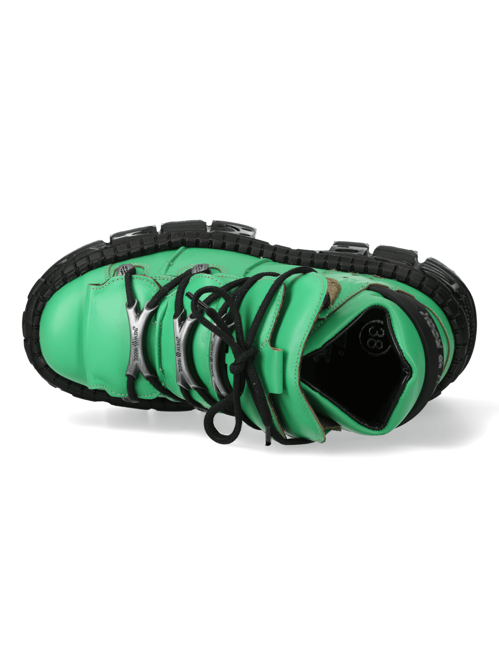 Top view of stylish green platform ankle boots with rocker design, featuring durable sole and premium leather finish.