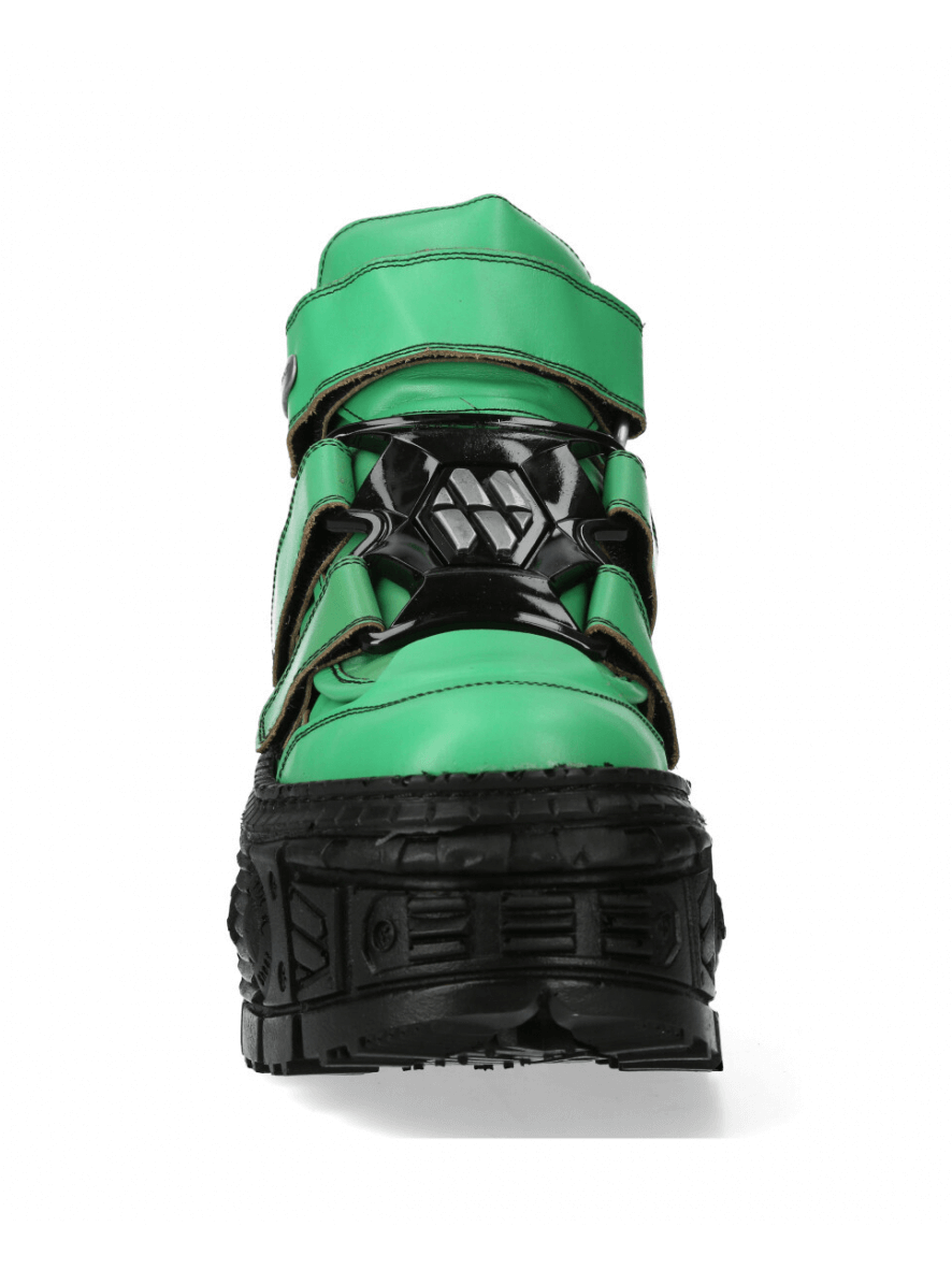 NEW ROCK green urban heavy ankle boots with velcro closures and bold rock design, perfect for making a statement.