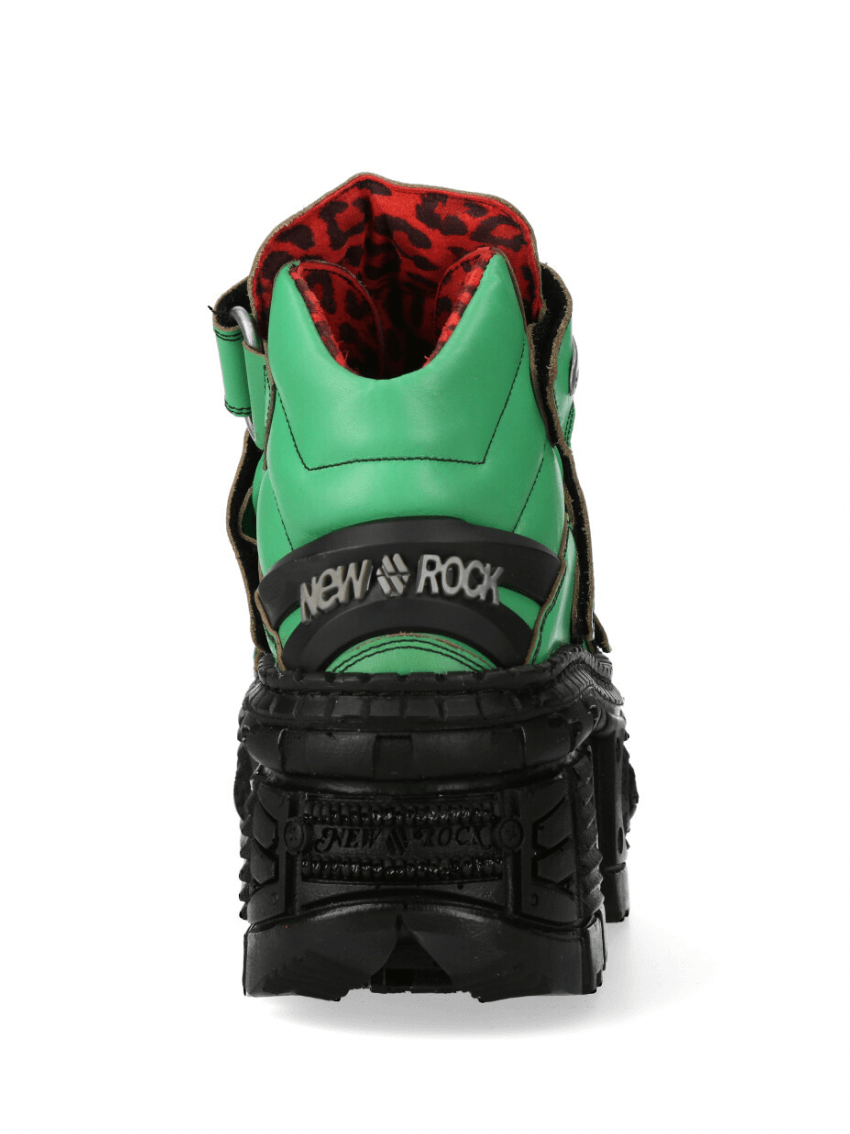 Back view of NEW ROCK green urban ankle boots with velcro, featuring a bold rock design and durable sole.