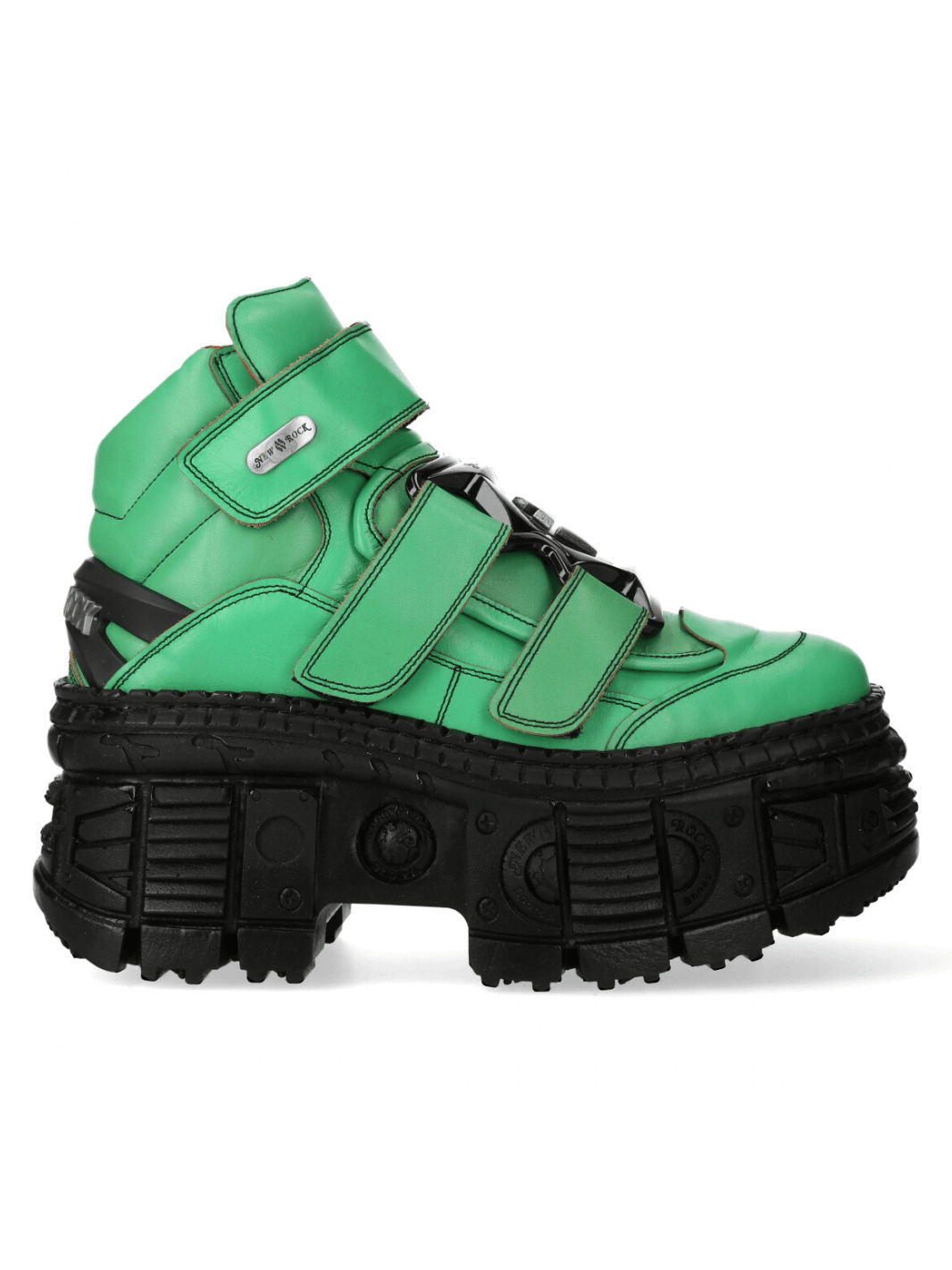 NEW ROCK green urban heavy velcro ankle boots with bold platform design for men and women, featuring genuine leather and durable sole.