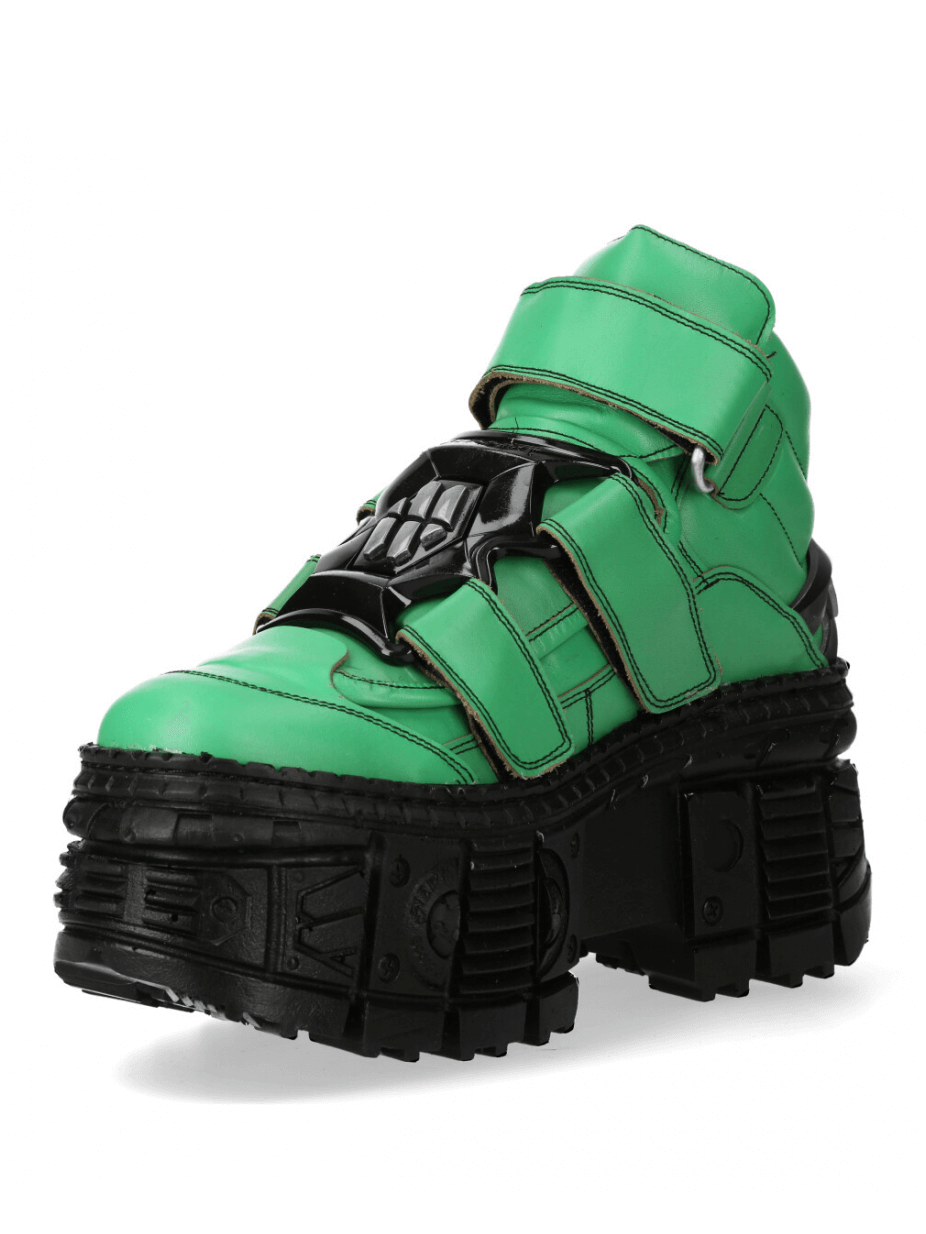 NEW ROCK green urban heavy ankle boots with velcro, platform sole for bold style.